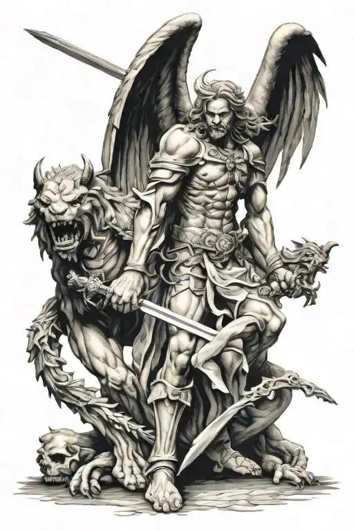 Arch Angel With Sword Fighting Demon