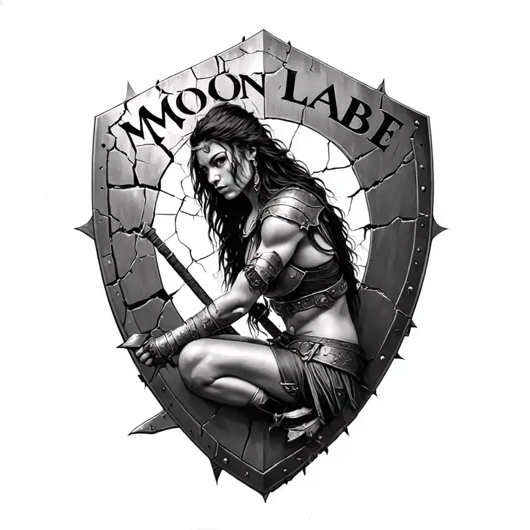 Black And White Spartin Woman Warrior Sitting On A Cracked Battle Shield Inscribed With Molon Labe