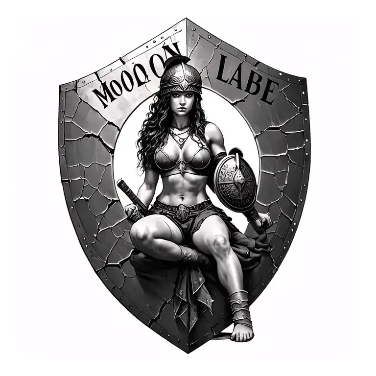 Black And White Spartin Woman Warrior Sitting On A Cracked Battle Shield Inscribed With Molon Labe