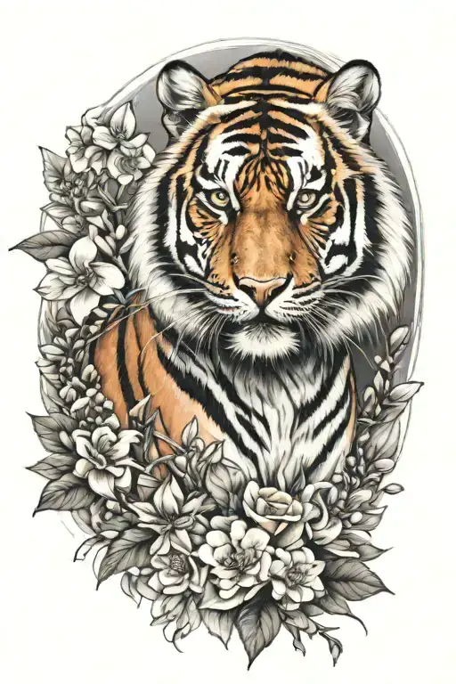 Tiger Surrounded By Flowers