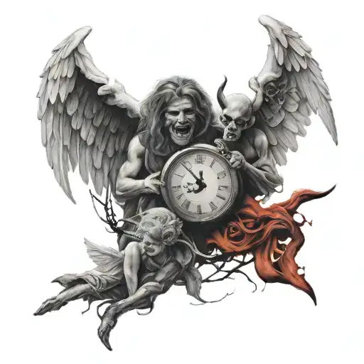 Angel And Demon With Wings And Clock Surrounded