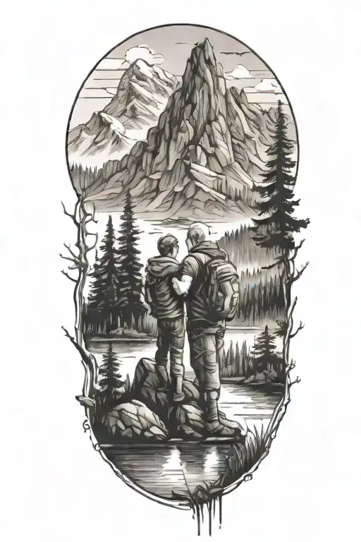 Sillier Or Father And Son With A Mountain Background In The Forest With A Lake