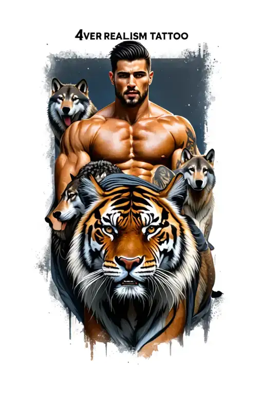Muscular Man Wrapped By A Tiger And Surrounded By Wolves With A Text At The Top That Says 4Ver