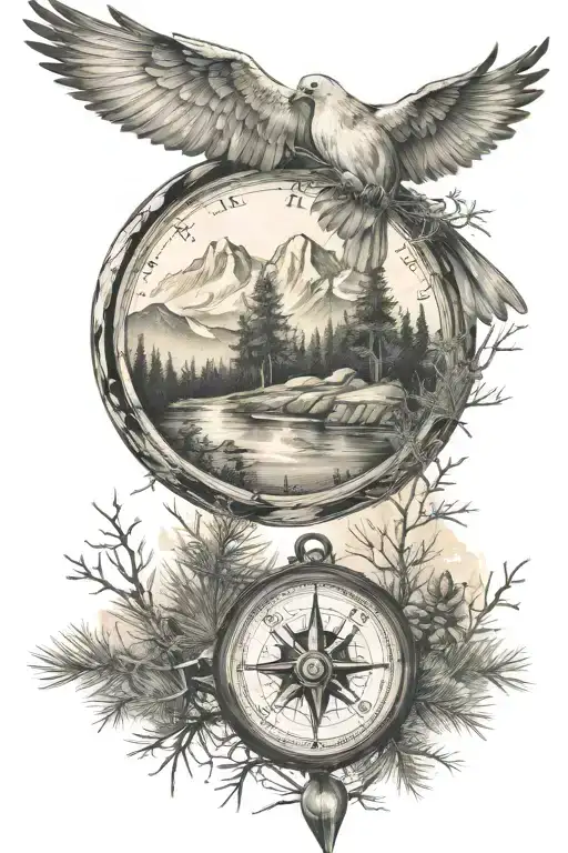 Pine Tree Forest With Stream And Mountains With Compass And Dove