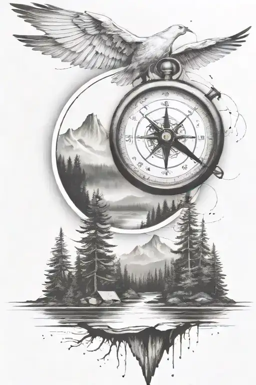 Pine Tree Forest With Stream And Mountains With Compass And Dove