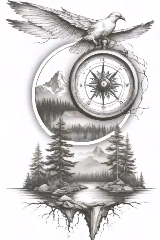 Pine Tree Forest With Stream And Mountains With Compass And Dove
