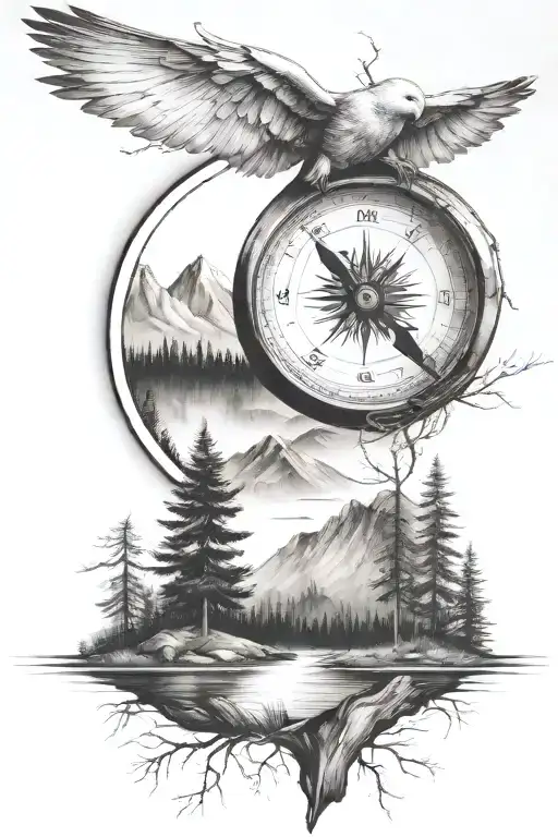 Pine Tree Forest With Stream And Mountains With Compass And Dove And Father And Son Walking