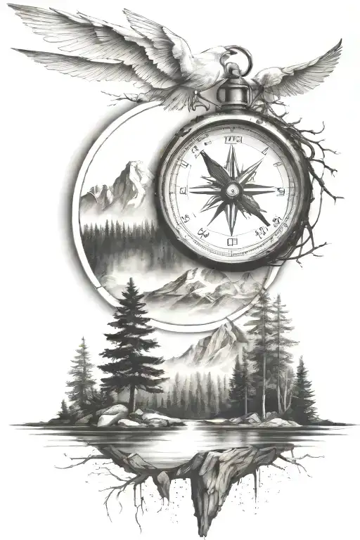 Pine Tree Forest With Stream And Mountains With Compass And Dove And Father And Son Walking