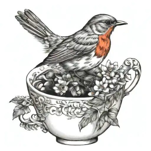 Teacup And Robin Bird