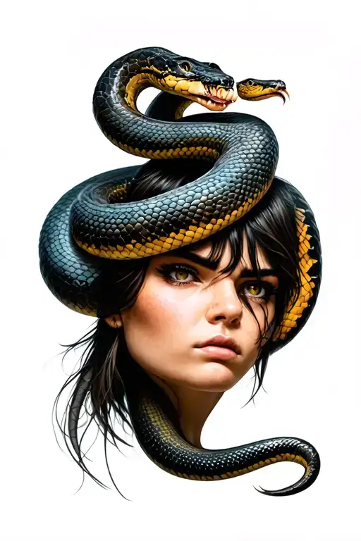 Woman One Snake In The Head To Shoulder Front View Woman Should Be Angry