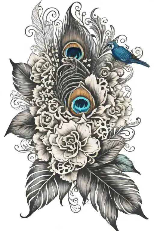 Flower Large Black Leaves With Peacock Feather And Lace