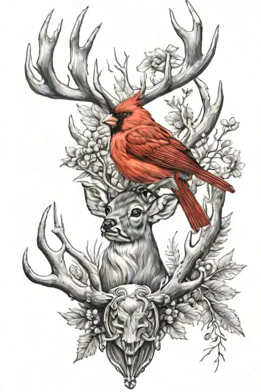 Cardinal And Deer Antlers