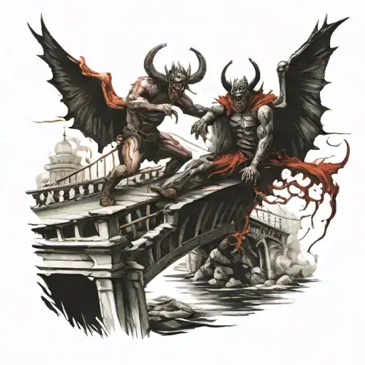 2 People In Hell On A Bridge Fighting Off Demons To Not Fall In The Fire