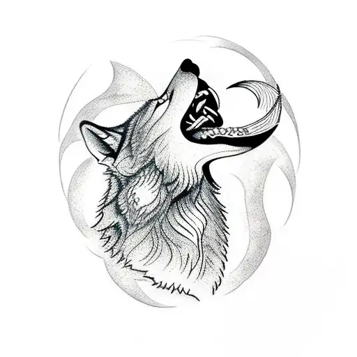 A Dotwork Tattoo Of A Wolf Howling At A Dagger With A Psychology Symbol Incorporated
