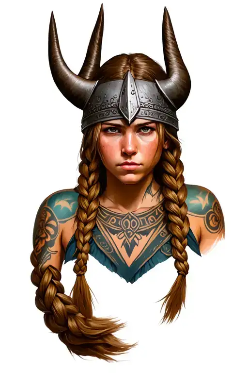 A Close Up Of A Viking Girls Face With Norse Tattoos And Braids