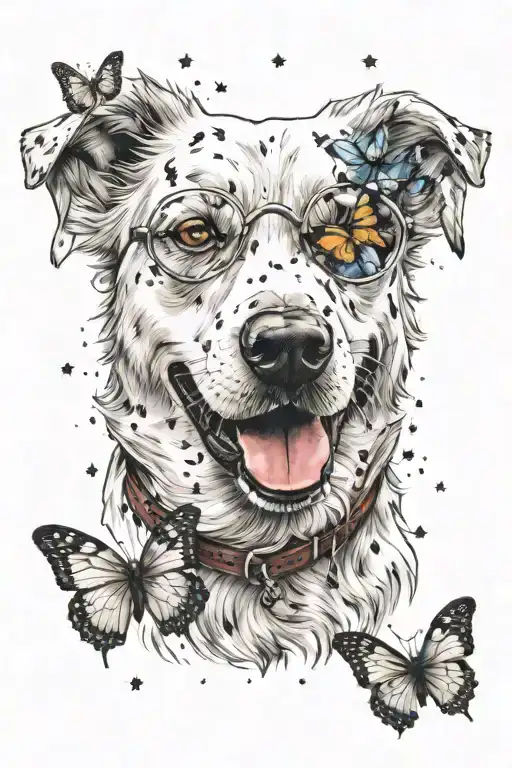 White Dog Smiling Face Looking At A Butterfly With Stars In Their Eyes