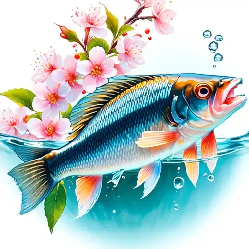 Coi Fish In Water With Cherry Blossom
