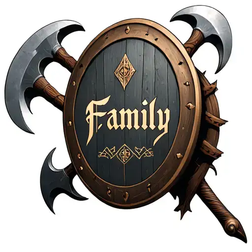Viking Shield With Three Axhas And The Word Family To The Center