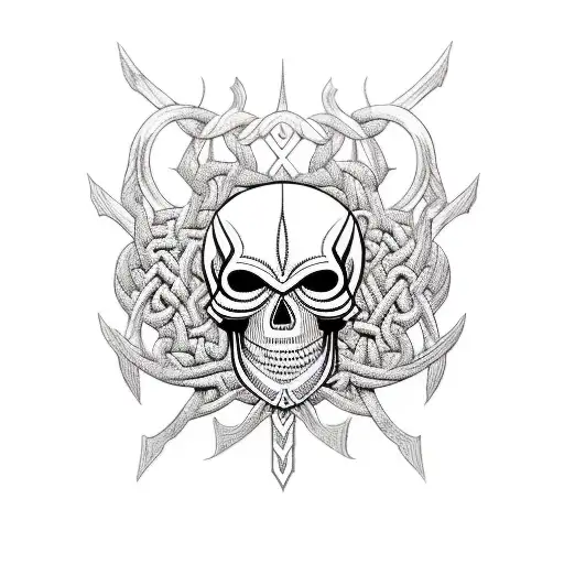 A Blackwork Tattoo Of A Norse Mythology-inspired Skull With Intricate Geometric Patterns