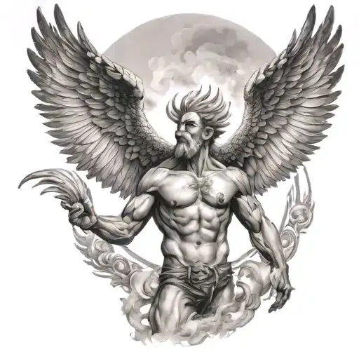 A Detailed Portrait Of Titan Atlas Holding Up The Sky With A Majestic Phoenix Flying Above Him