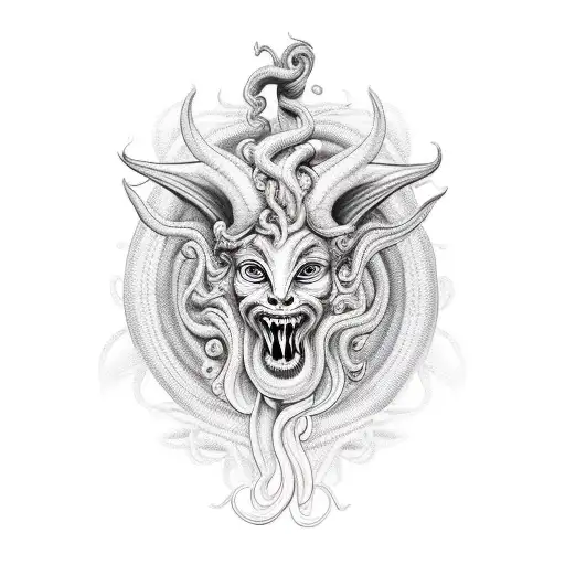 Baphomet Mostrando O Corpo Inteiro Com Rosto Feminino Sorriso Sexy Com Cabelo De Medusa