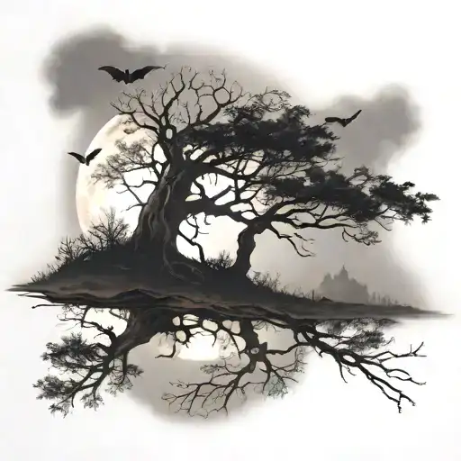 An Abandoned Tree And Flying Bats Around It With A Foggy Landscape And A Moon Behind The Tree