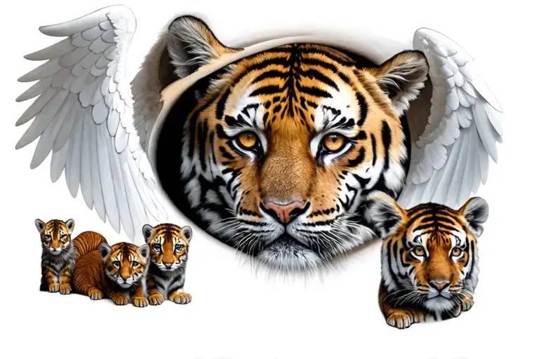 Angel Eye With Tiger Reflection Protecting 5 Cubs Of Different Ages