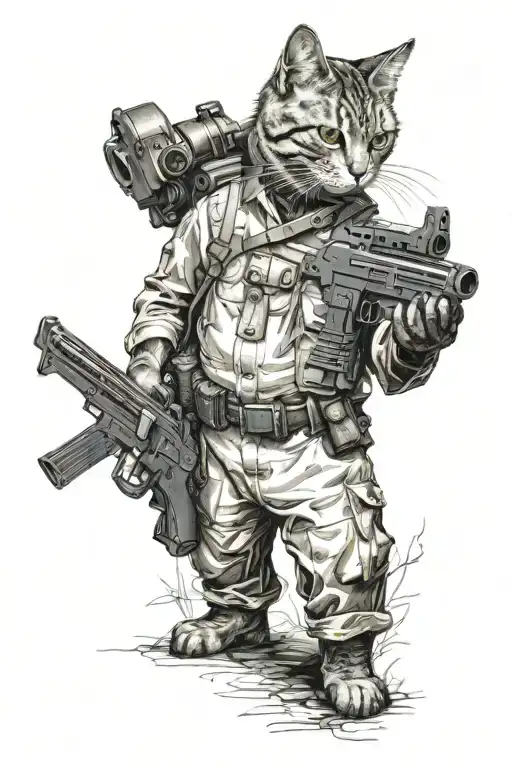 A Realistic Standing Cat With A Machine Gun Protecting His Pot