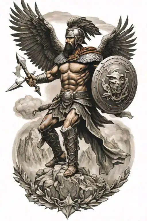 Spartan Warrior With Shield And Eagle Soaring Through The Sky
