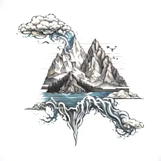 A Black And White Tattoo Of Mountains With The Ocean Beneath