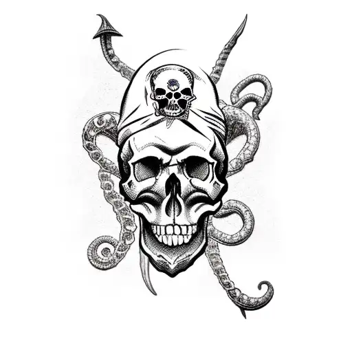 Skull Pirate With Ship Wheel And Squid