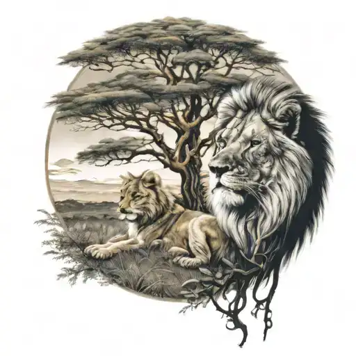 Lion And Wolf Under A African Tree