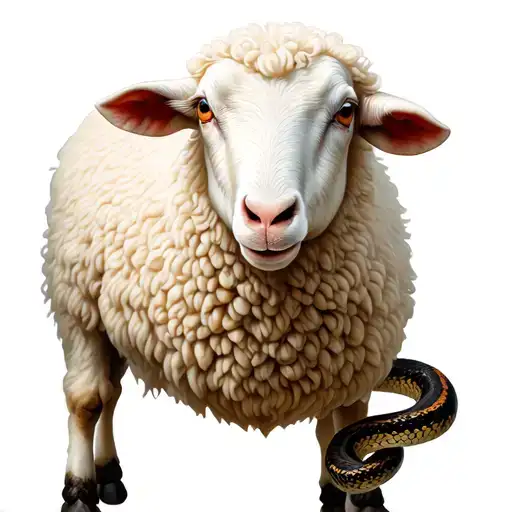 Standing White Sheep With A Snake Wrapped