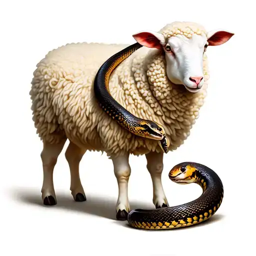 Standing White Sheep With A Snake Wrapped