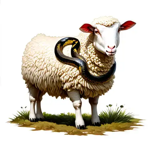 Standing White Sheep With A Snake Wrapped