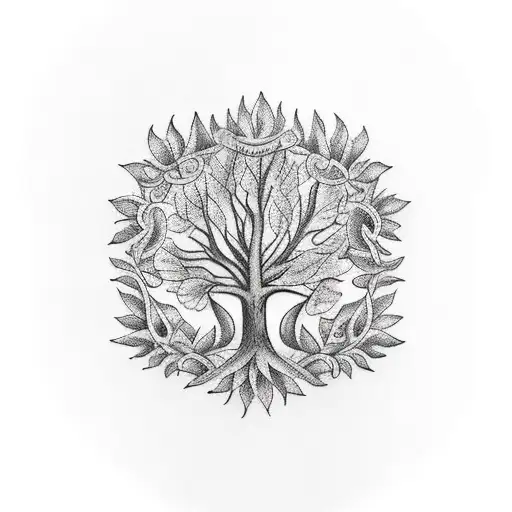 A Traditional Style Tattoo Of A Family Tree With Musical Notes As The Leaves
