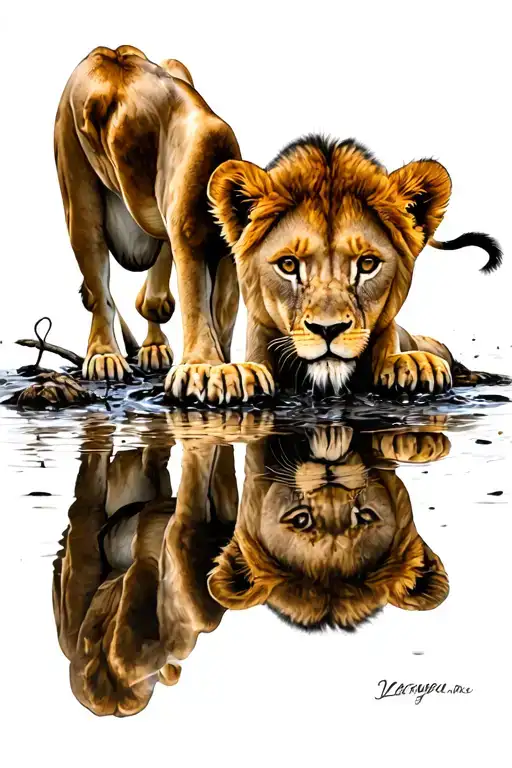 Lion Cub Drinking From Puddle With Adult Lion In The Reflection