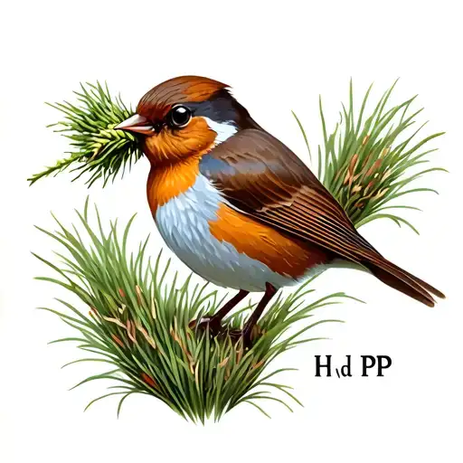A Robin Bird With A Grass Piece In Its Mouth With The Initials H Vd P