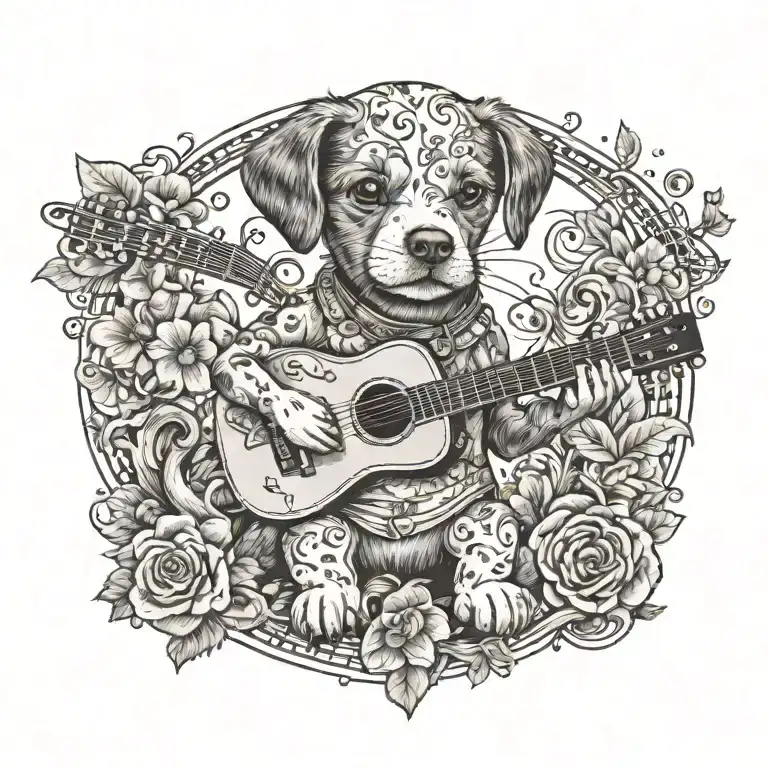 A Whimsical Design Of A Cute Dog Playing A Guitar Surrounded By Musical Notes And Flower And Heart