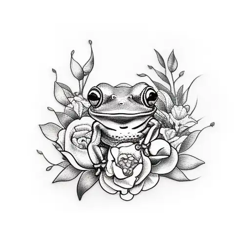 A Realistic Tattoo Of A Frog Surrounded By Lush Plants And Flowers
