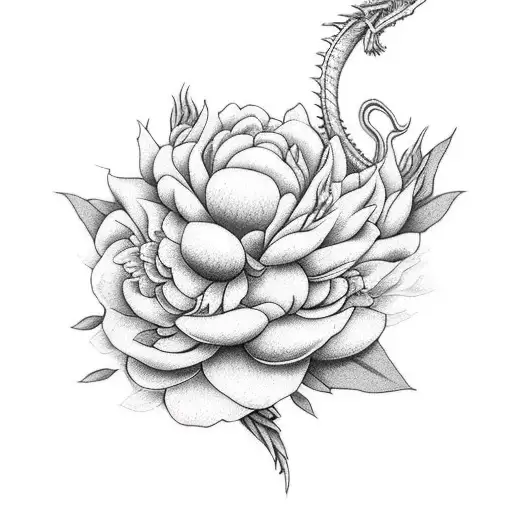 Dragon Realistic Full Body With Peonies And Lilies
