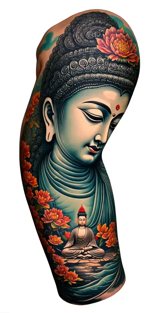 Buddhist Tatto Representing Path Of Enlightenment Along Sleeve From Wrist To Shoulder