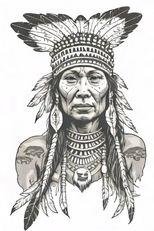 Young American Indian Woman With Head Dress Looking Straight