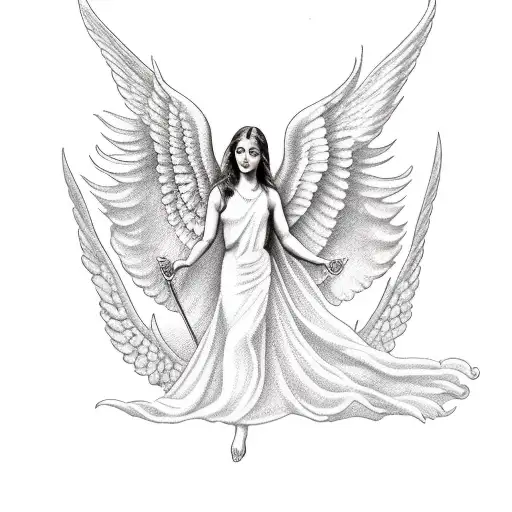 Angel With Open Wings Holding A Trident