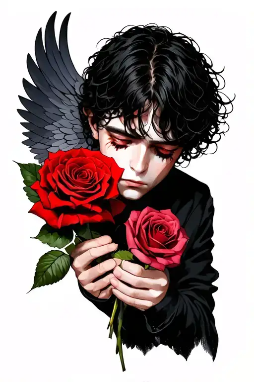 Sad Man With One Wing Hold Tow Rose Flower In Both Of Her Hands