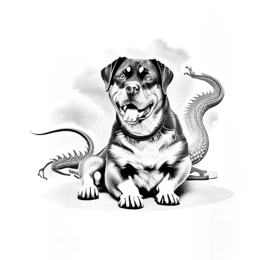 Rottweiler Sitting With A Dragon Protecting It