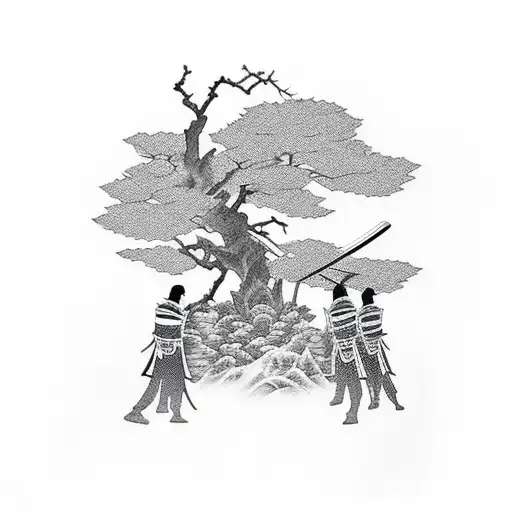 Samurais Fighting Silhouette Close To A Temple And Forest And Sunset