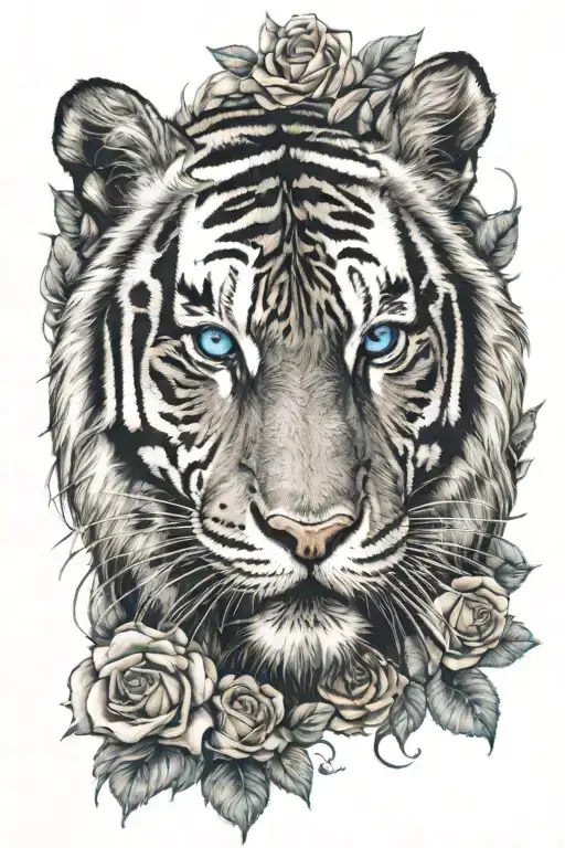 Tiger Surrounded By Roses With Bright Blue Eyes Looking