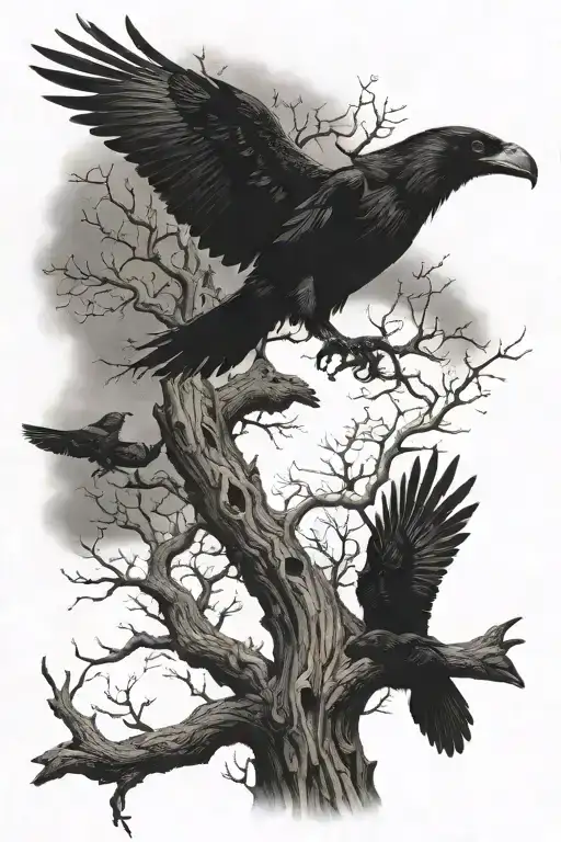 Dead Tree With Ravens Flying