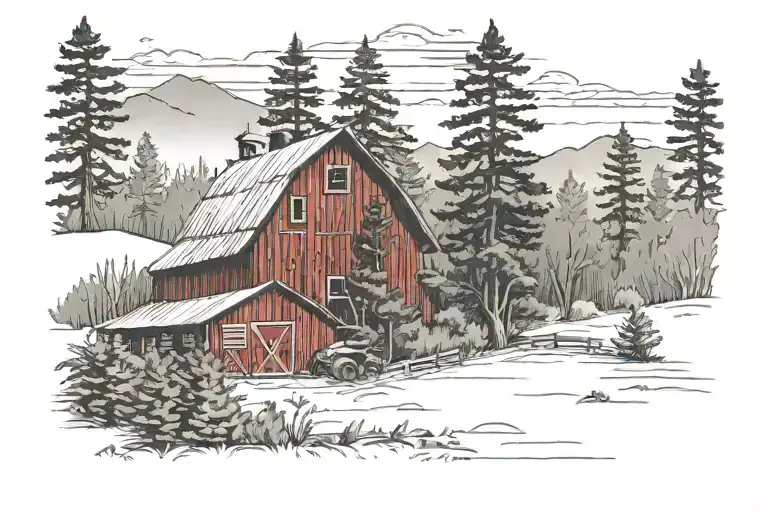 Red Barn With Pine Grove In Background Representing